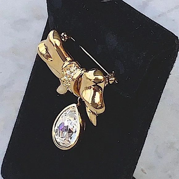 SWAROVSKI BOW BROACH CLEARCRYSTAL TEAR DROP GOLD MARKED SWAN